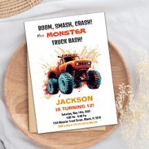 Orange Red Monster Truck Birthday Einladungen