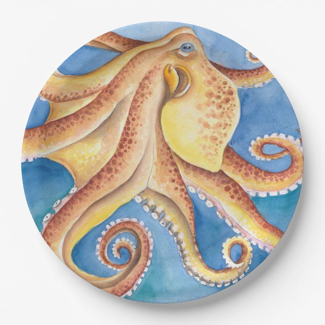Orange Red Octopus Aquarellfarbe Tinte Pappteller (Vorderseite)