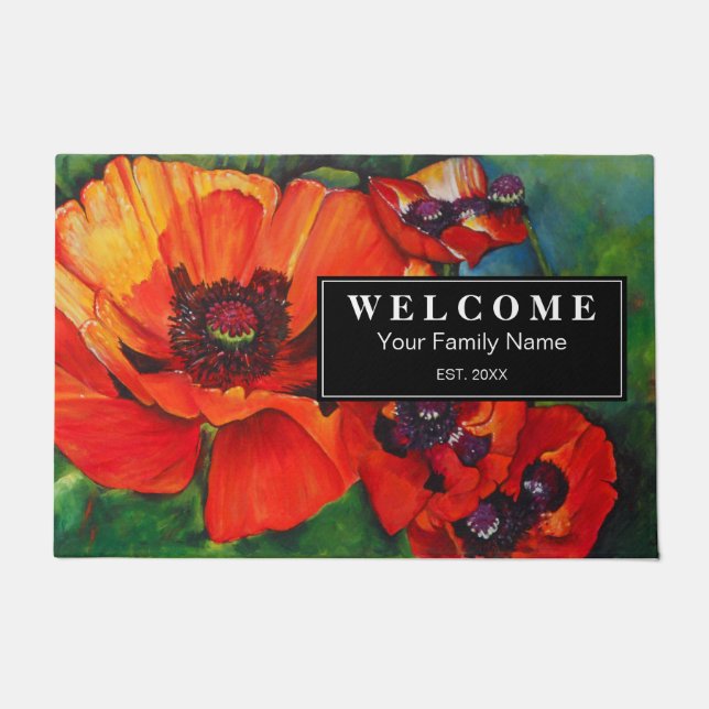 Orange Red Poppies Floral Botanical Fußmatte (Vorderseite)