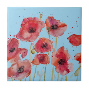 Orange Red Poppy Blume Pattern auf Blue Fliese