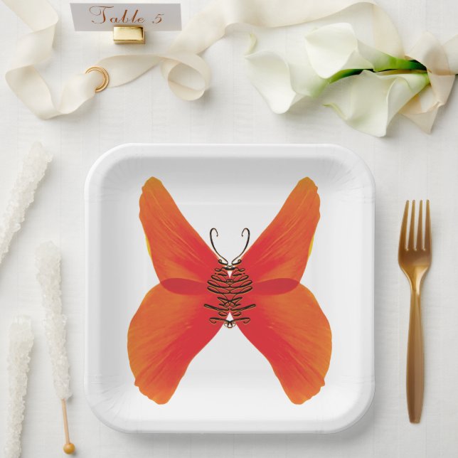 Orange Red Poppy Butterfly mit Ihrem Namen Pappteller (Hochzeit)