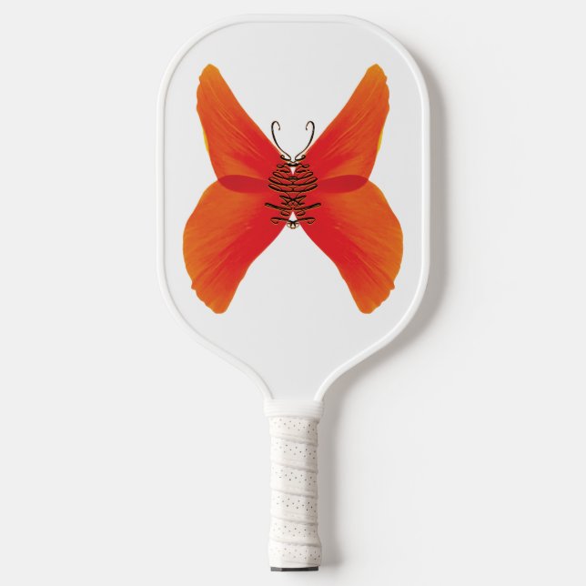 Orange Red Poppy Butterfly mit Ihrem Namen Pickleball Schläger (Vorderseite)