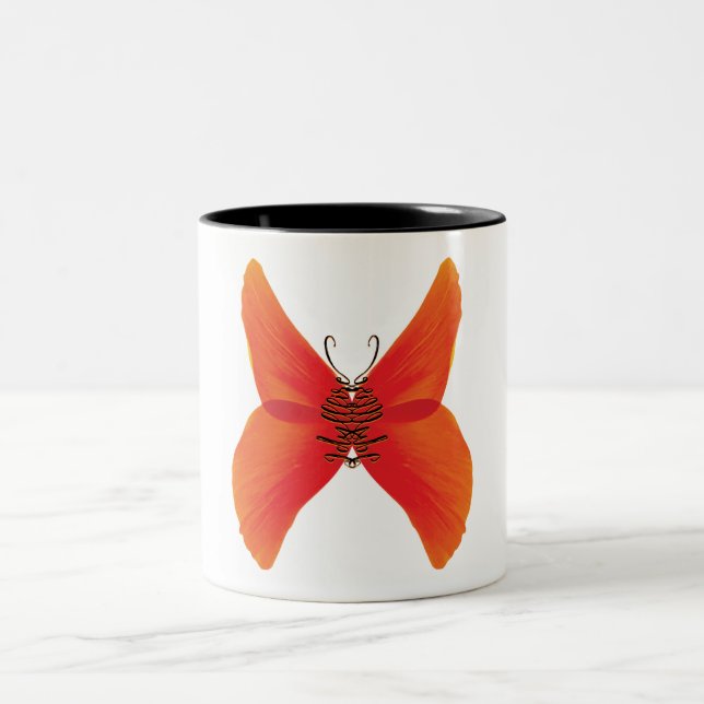 Orange Red Poppy Butterfly mit Ihrem Namen Zweifarbige Tasse (Mittel)