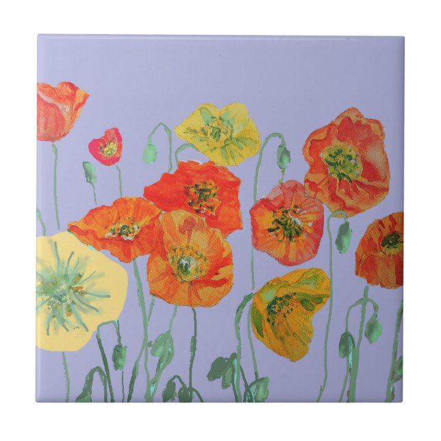 Orange Red Poppy Poppies Wasserfarbene Blume Lila Fliese (Vorderseite)