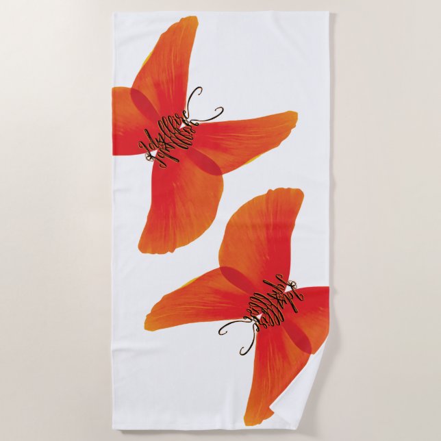 Orange Red Poppy Schmetterlinge mit Ihrem Namen Strandtuch (Vorderseite)
