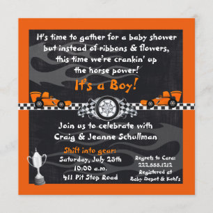 Orange Rennwagen-Babyparty-Einladungen Einladung