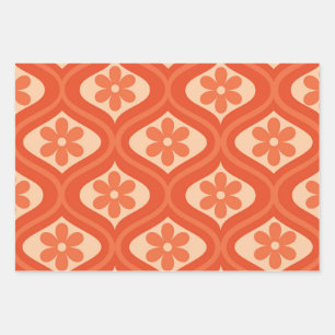 Orange Retro 70er Blume auf Ogemuster Geschenkpapier Set