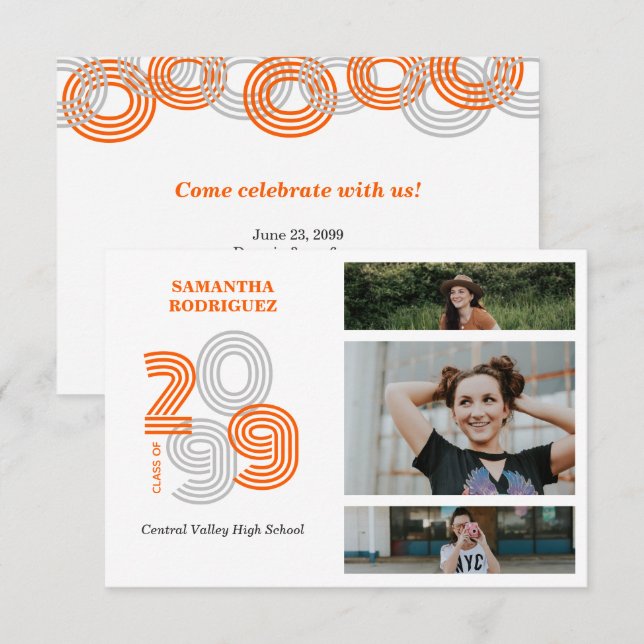 Orange Retro Big Numbers 3-Foto-Abschluss Einladung (Vorne/Hinten)