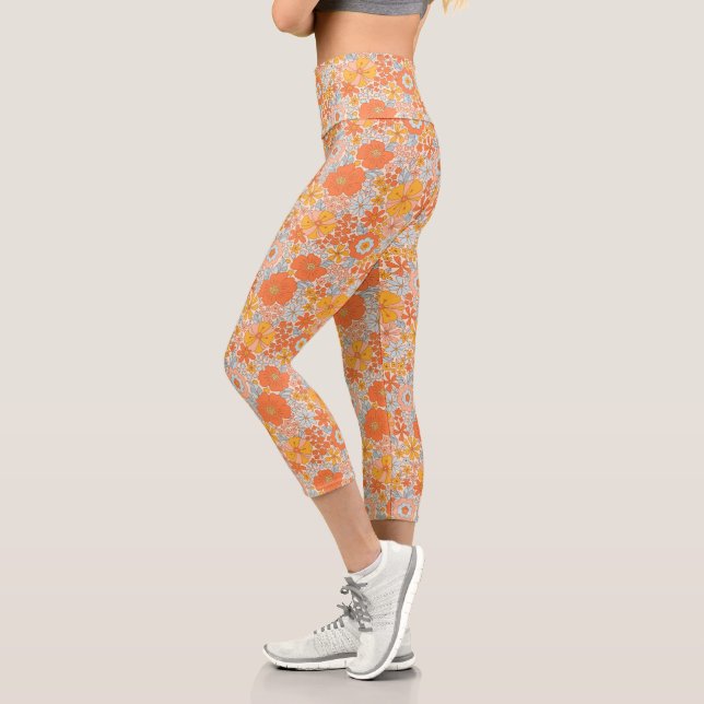 Orange Retro Blume Muster Capri Leggings (Links)