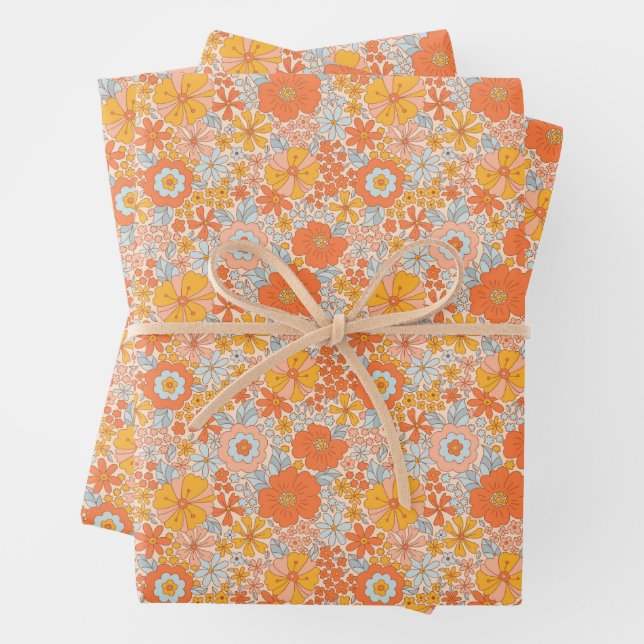 Orange Retro Blume Muster Geschenkpapier Set (Beispiel)