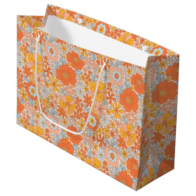 Orange Retro Blume Muster Große Geschenktüte (Vorderseite Schrägansicht)
