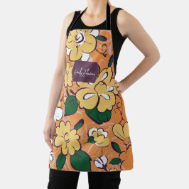 Orange Retro Botanical Yellow Flowers Custom Name Schürze