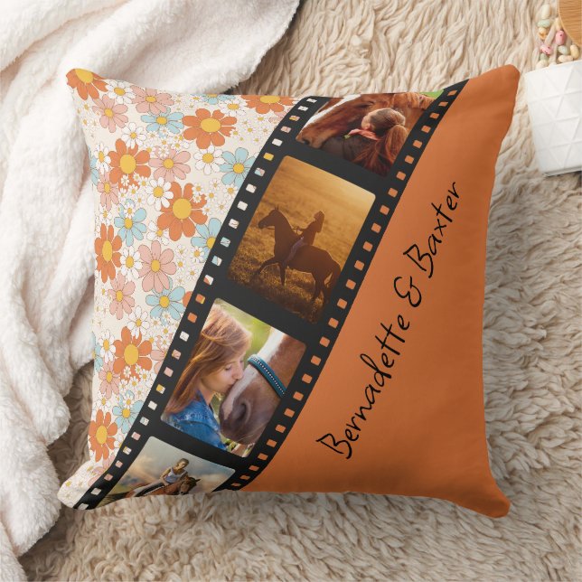 Orange Retro Daisy 4 Foto Horse Collage Name Kissen (Decke)