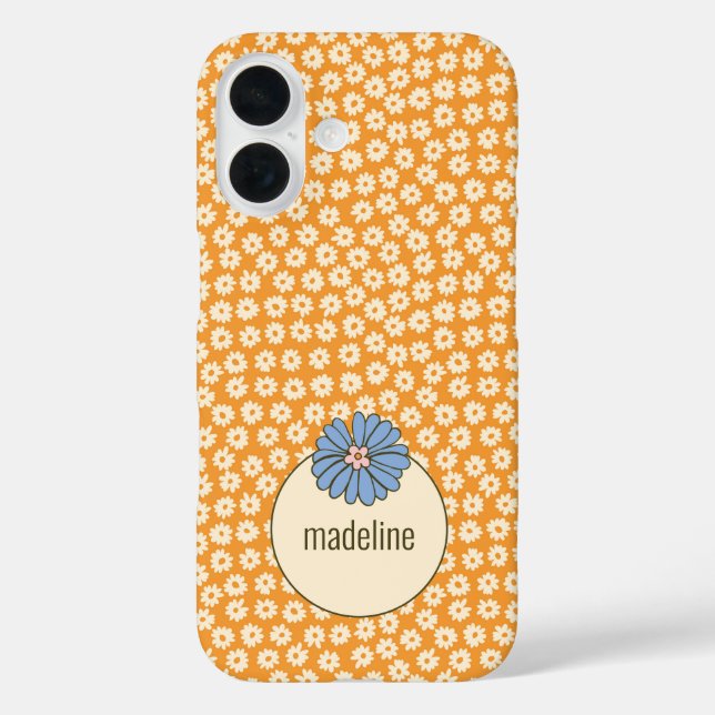 Orange Retro Girly Blume Pattern iPhone 16 Hülle (Rückseite)