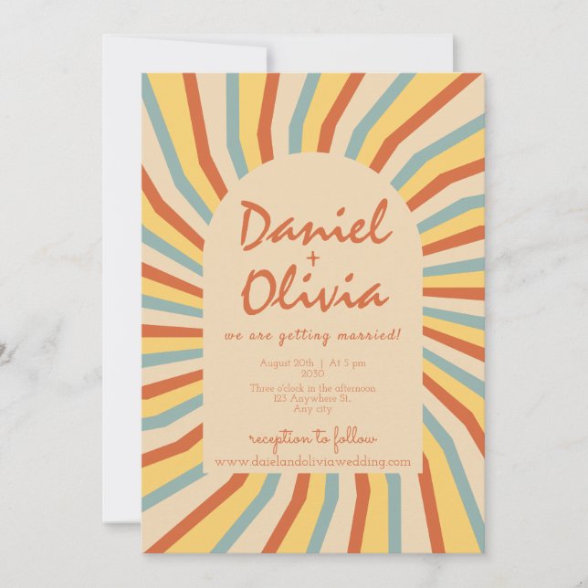 Orange Retro Line mit Foto Wedding Einladung (Vorderseite)