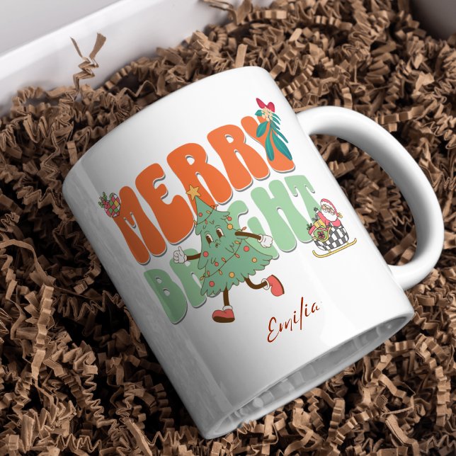 Orange Retro Merry Bright Individuelle Name Weihna Tasse (Von Creator hochgeladen)