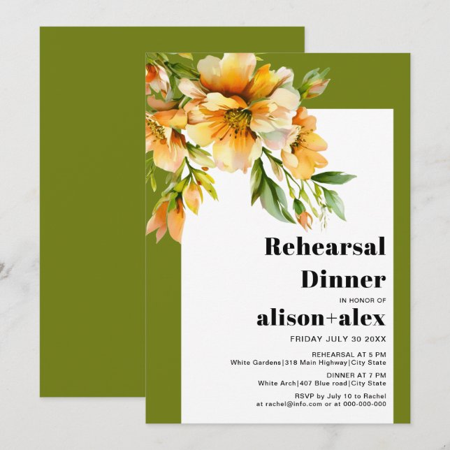 Orange rhododendron fall wedding rehearsal dinner einladung (Vorne/Hinten)