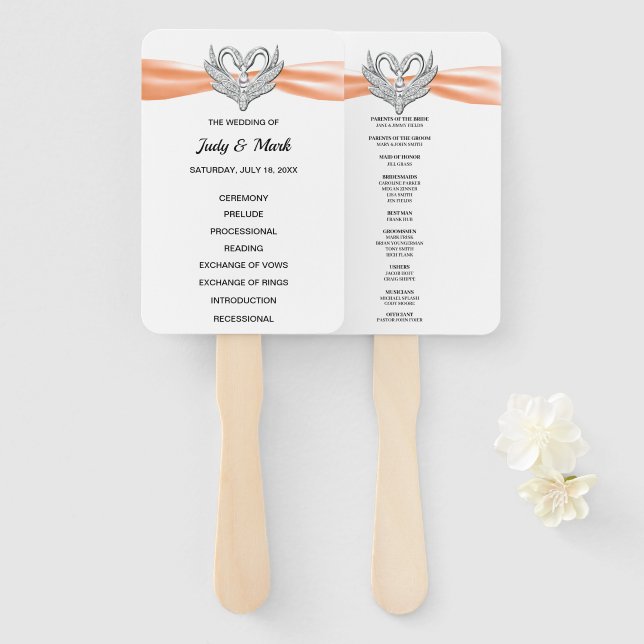 Orange Ribbon Silver Swan Wedding Program Fans Fächer (Vorne und Hinten)
