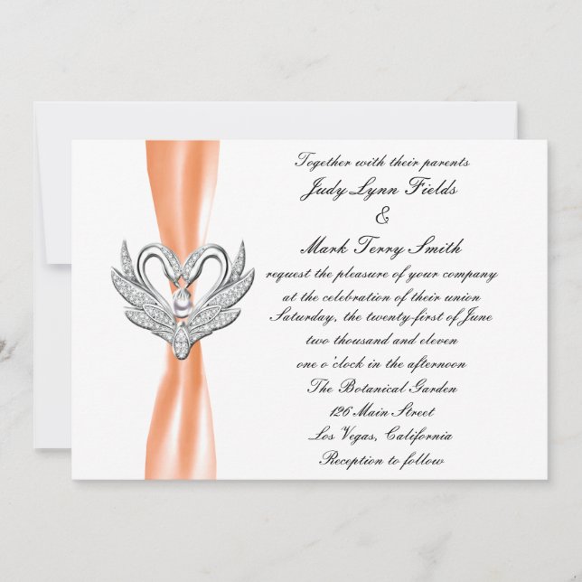 Orange Ribbon Silver Swans Einladung (Vorderseite)