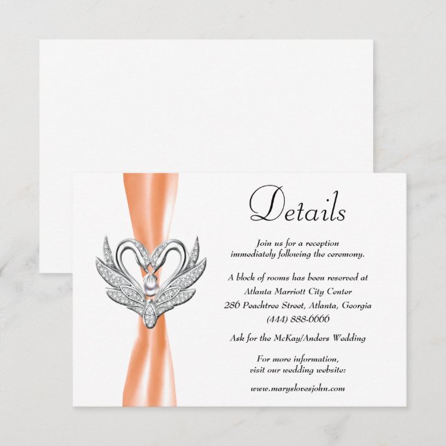 Orange Ribbon Silver Swans Hochzeitdetails Begleitkarte (Vorne/Hinten)
