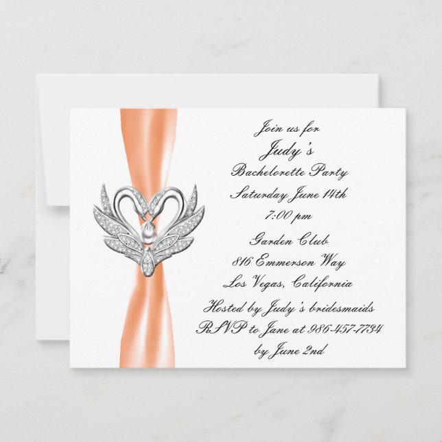 Orange Ribbon Silver Swans Junggeselinnen-Abschied Einladung (Vorderseite)
