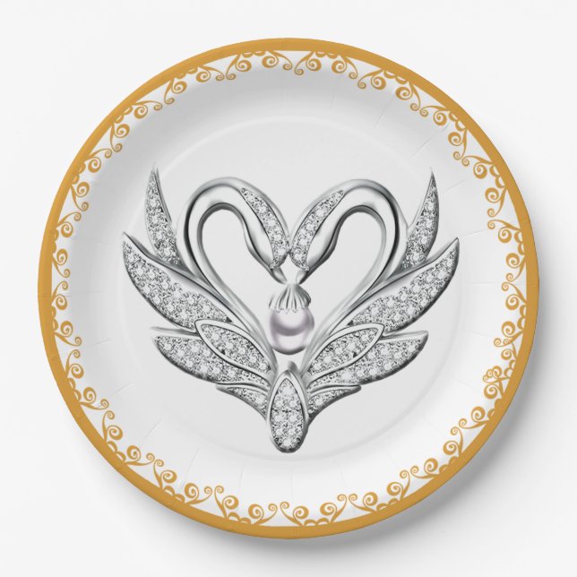 Orange Ribbon Silver Swans Papierplatte Pappteller (Vorderseite)