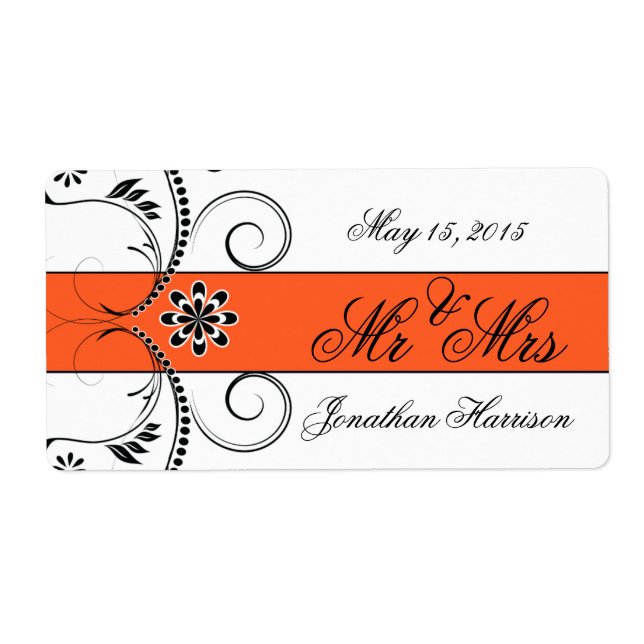 Orange Ribbon Wedding Mr. Water Bottle Labels (Vorne)