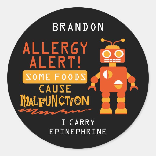Orange Robot Food Allergy Alert Stickers (Vorderseite)
