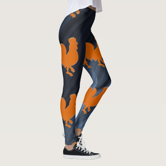 Orange Rooster & Blue Background Leggings (Rechts)