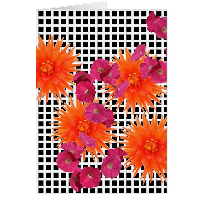 Orange rosa Blumen-Schwarz-weiße Karo-Karte (Vorne)