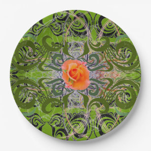 Orange Rose auf Grün elegant Pappteller