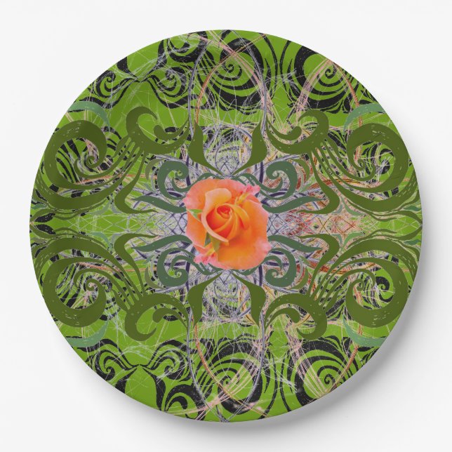 Orange Rose auf Grün elegant Pappteller (Vorderseite)