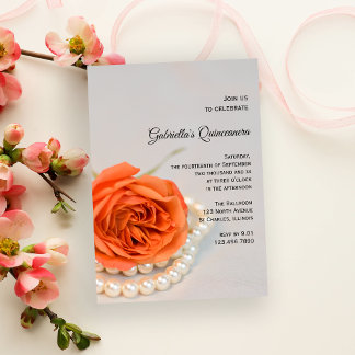 Orange Rose Blume und Perlen Quinceanera Party Einladung