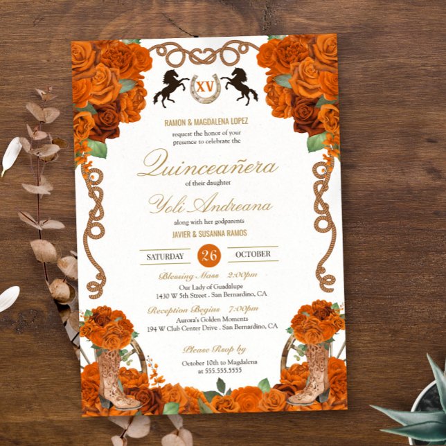 Orange Rose Floral Charro Ranch Quinceañera Einladung (Von Creator hochgeladen)