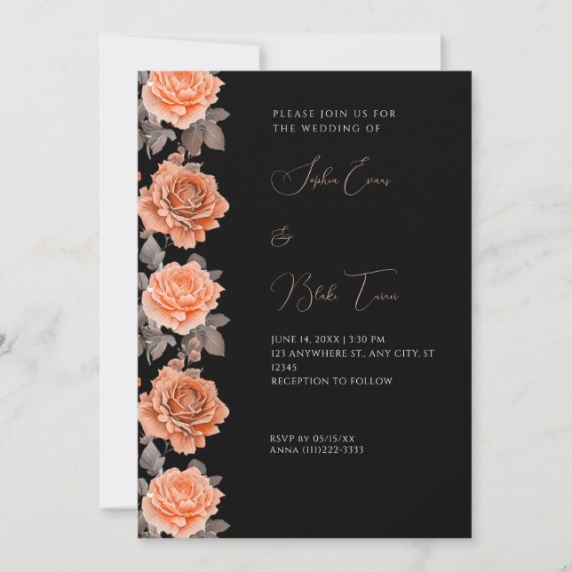 Orange Rose Moderne Fall Black Wedding Einladung (Vorderseite)