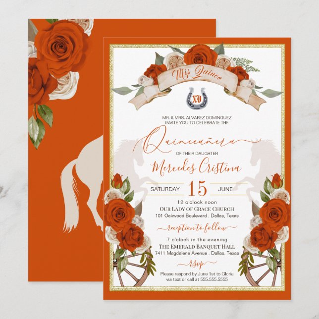 Orange Rose Quinceanera Western Charro Einladung (Vorne/Hinten)