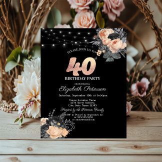 Orange Rose String Lights Black 40. Geburtstag Einladung