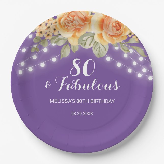 Orange Rose String Lights Lila Geburtstag Pappteller (Vorderseite)