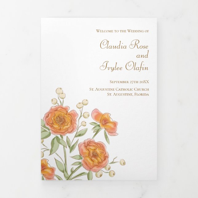 Orange Rose Wedding Programs Dreifach-gefaltete Programmkarte (Cover)