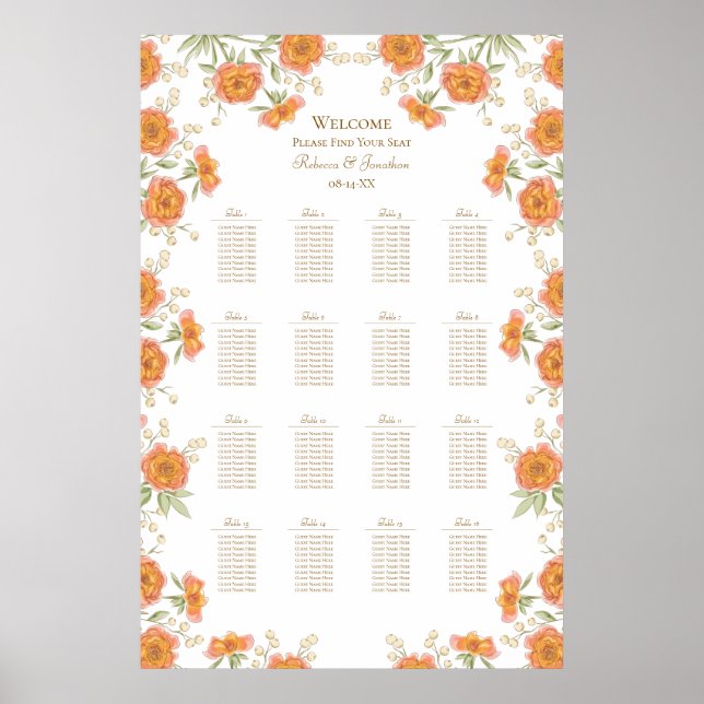 Orange Rose Wedding Seating Chart Poster (Vorne)