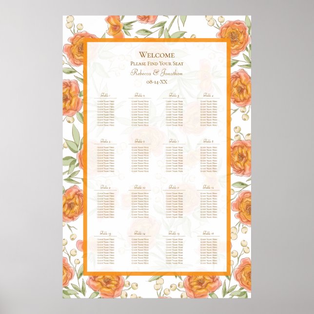 Orange Rose Wedding Seating Chart Poster (Vorne)