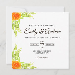 Orange-Rosenblatt-Blumen-Aquarell-Quadrat-Hochzeit Einladung