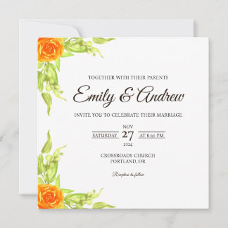 Orange-Rosenblatt-Blumen-Aquarell-Quadrat-Hochzeit Einladung