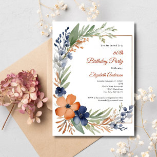 Orange-Rost Blau Aquarell-Blumen 60. Geburtstag Einladung