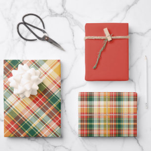 Orange, Rot, Grün und Gelb Kariert Geschenkpapier Set