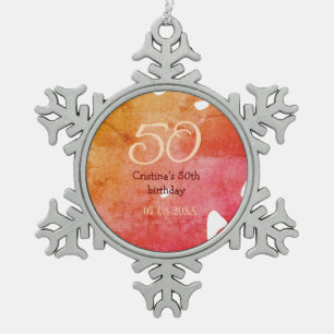 Orange rote 50 Geburtstagsjubiläum Datum des Namen Schneeflocken Zinn-Ornament