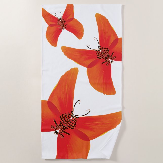 Orange Rote Mohnblüten mit drei Namen Strandtuch (Vorderseite)
