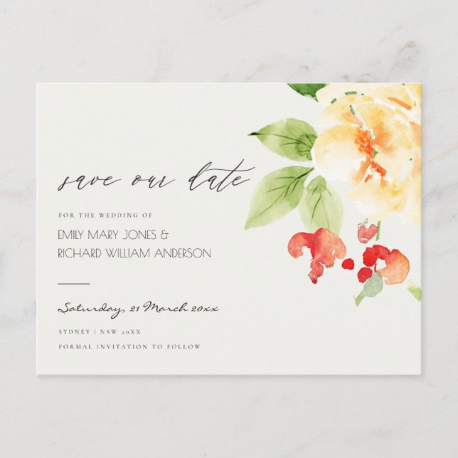 ORANGE ROTE ROSE WATERCOLOR SAVE THE DATE ANKÜNDIGUNGSPOSTKARTE (Vorderseite)