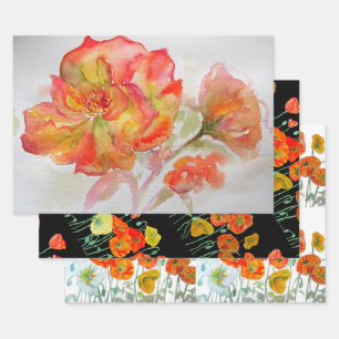 Orange Rote Rosen-Blumen-Aquarell-Frauen-Geburtsta Geschenkpapier Set