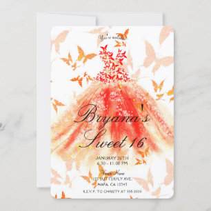 Orange Rote Schmetterling Tanzkleid Sweet 16 Party Einladung